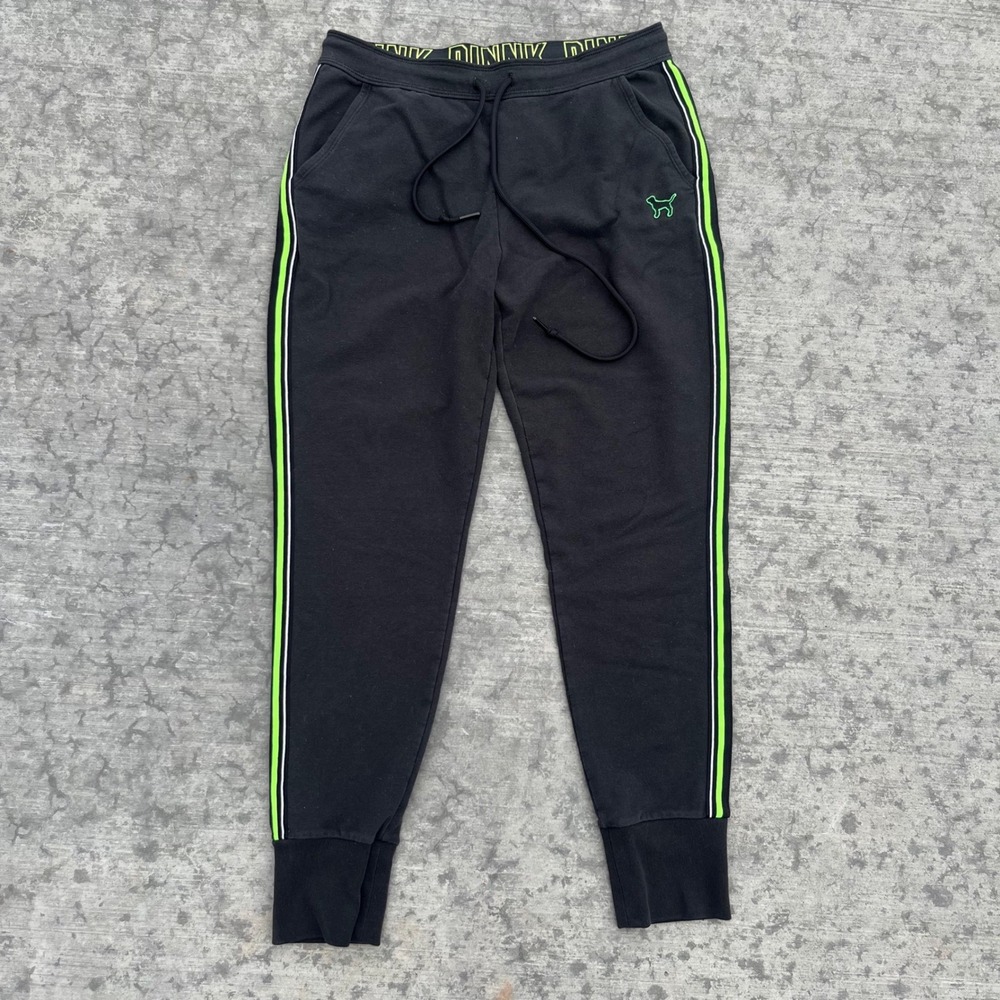 PINK Victoria's Secret Black Joggers Neon Green Stripe Dog Logo Small